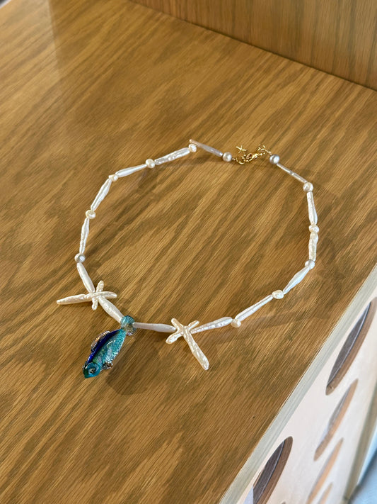 Blown Glass, Fresh Water Pearl Necklace by cc.motus